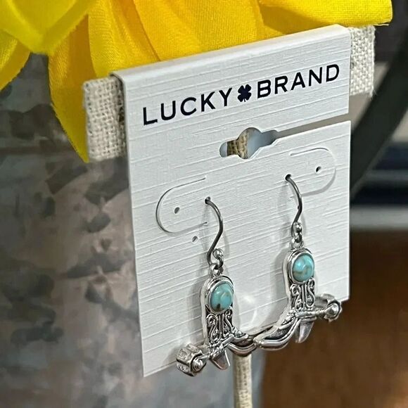 NWT Lucky Brand Silver & Turquoise Cowboy Boot Drop Earrings #LBER2 - Picture 6 of 7